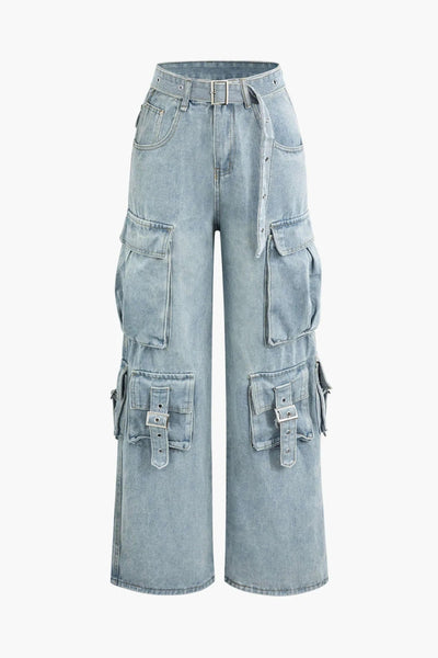 【HI FI FNK】Rofi Cargo Wide Denim Cargo Jeans for Women Trendy High Waisted Wide Leg Denim