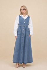 Front Button Pinafore Bleach Wash Shade