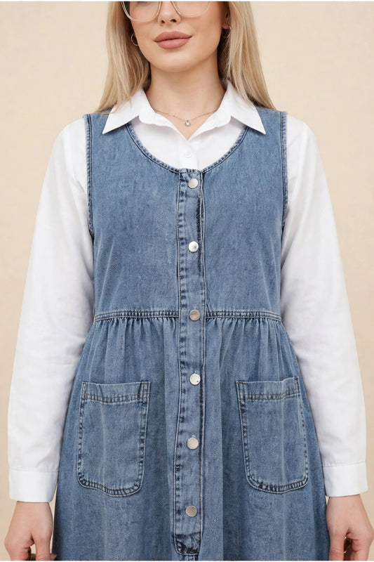 Front Button Pinafore Bleach Wash Shade
