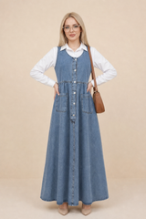 Front Button Pinafore Bleach Wash Shade